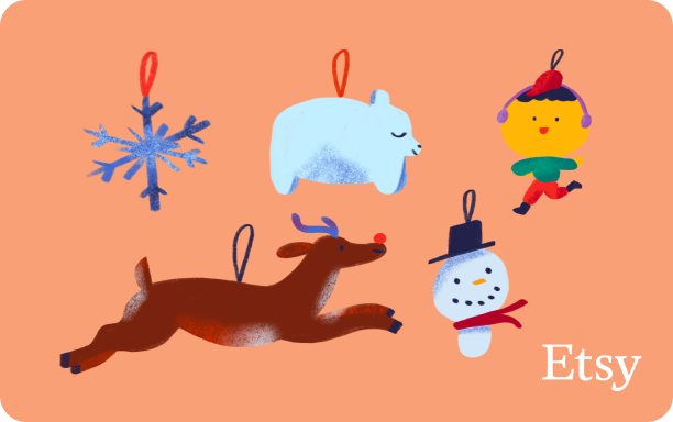 Illustration of assorted holiday ornaments on a light orange background