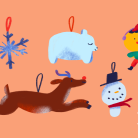 Illustration of assorted holiday ornaments on a light orange background