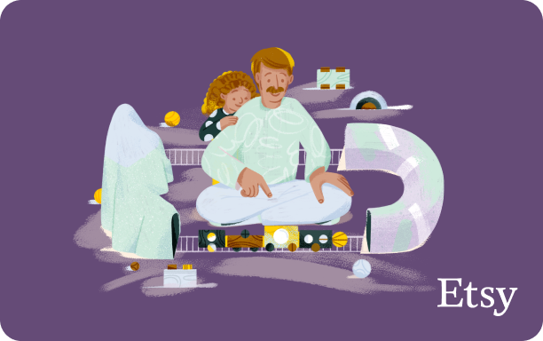 Illustration of a child and an adult playing with a toy train set, on a dark purple background