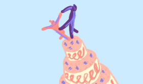 Illustration of a multi-tiered pink cake with blue accents and white decorative piping, topped with a dark blue figure of a couple dancing. The scene is set on a light blue background with an Etsy logo in black font in the top left corner.