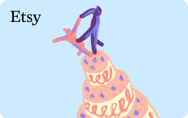 Illustration of a multi-tiered pink cake with blue accents and white decorative piping, topped with a dark blue figure of a couple dancing. The scene is set on a light blue background with an Etsy logo in black font in the top left corner.