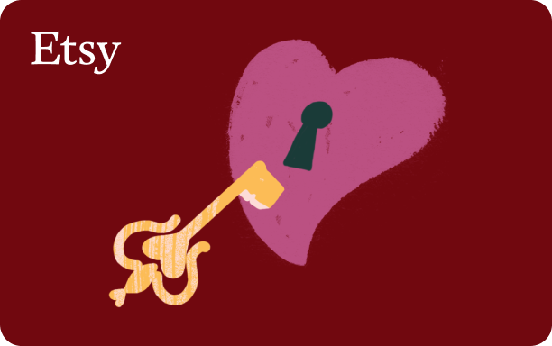 Illustration featuring a large purple heart with a black keyhole. A golden key with intricate details is inserted into the keyhole. The scene is set on a dark red background with an Etsy logo in white font in the top left corner.