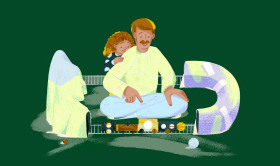 Illustration of a man with a mustache and a child with curly hair, sitting together on a green floor. The man is wearing a white shirt and light blue pants, and the child is leaning on his back, wearing a black and white outfit. They are surrounded by various toys, including a toy train set weaving through a tunnel and past mountains, and a toy ball. The scene is set against a dark green background with the Etsy logo in white font in the top left corner.
