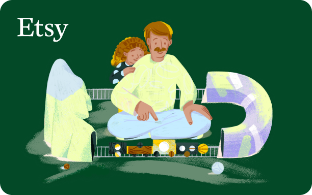 Illustration of a man with a mustache and a child with curly hair, sitting together on a green floor. The man is wearing a white shirt and light blue pants, and the child is leaning on his back, wearing a black and white outfit. They are surrounded by various toys, including a toy train set weaving through a tunnel and past mountains, and a toy ball. The scene is set against a dark green background with the Etsy logo in white font in the top left corner.