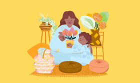 Illustration depicting a woman and a child in a cozy room. The child is presenting a potted tulip plant to the woman, surrounded by indoor plants and two stools. The scene is set against a yellow background, featuring the Etsy logo in black font in the top left corner.